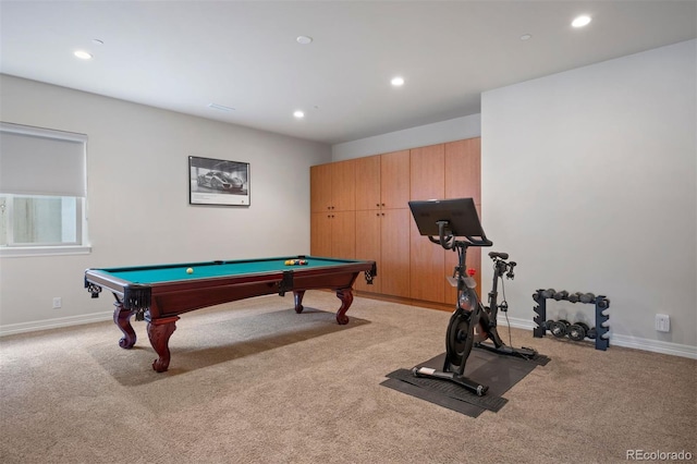 playroom featuring pool table, light carpet, and recessed lighting