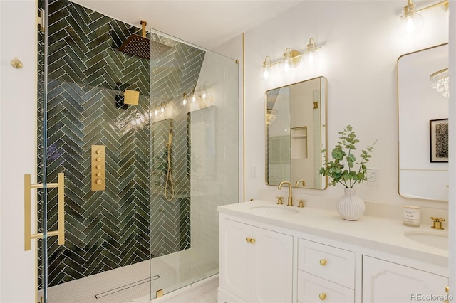 bathroom with tiled shower and double vanity