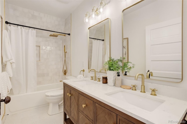 bathroom with shower / bathtub combination with curtain, double vanity, toilet, and tile patterned flooring