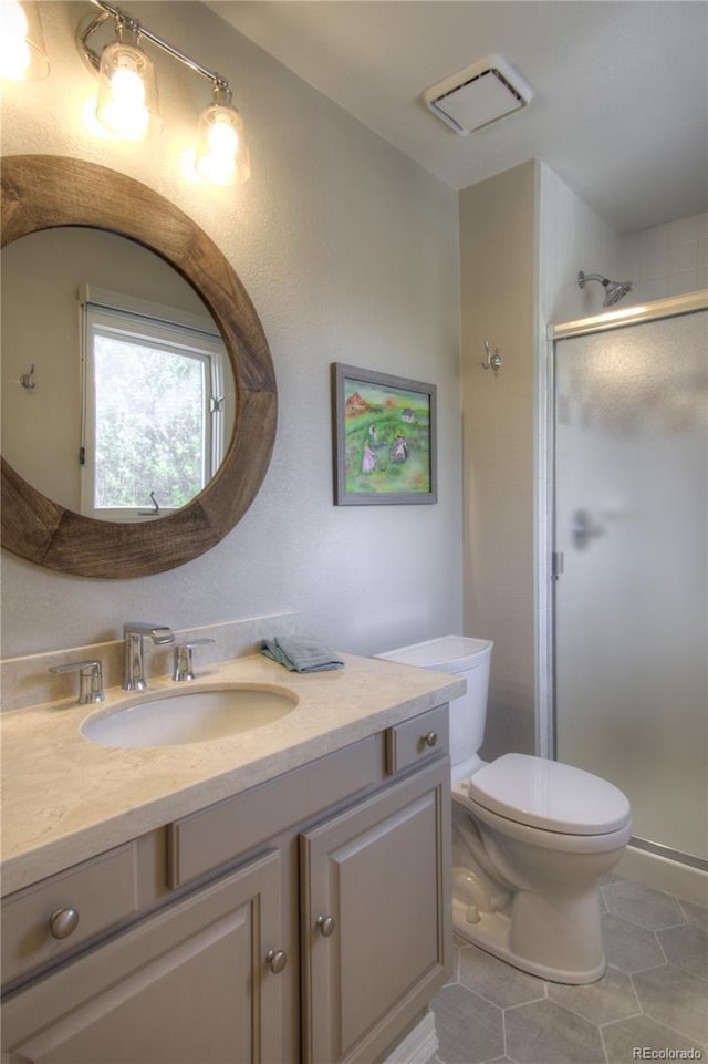 bathroom featuring a stall shower, visible vents, toilet, tile patterned floors, and vanity