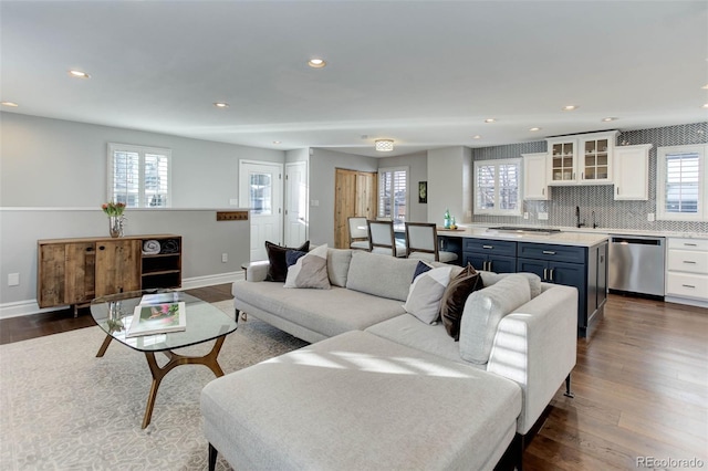 living room with dark hardwood / wood-style floors and sink