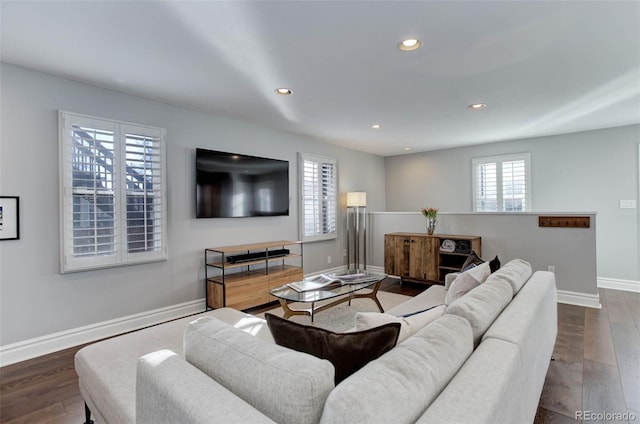 living room with dark hardwood / wood-style flooring