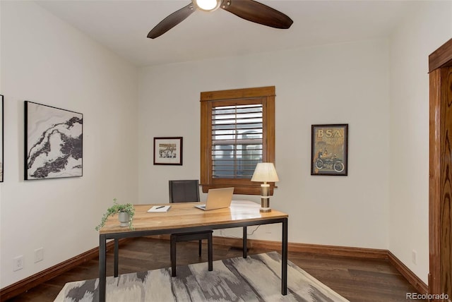 office area featuring hardwood / wood-style flooring and ceiling fan