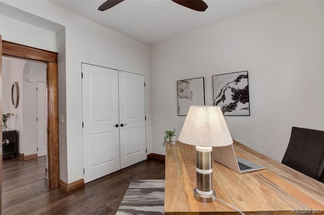 office space featuring ceiling fan and dark hardwood / wood-style floors