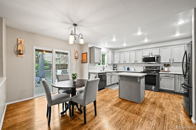 kitchen with stainless steel appliances, a sink, gray cabinetry, a kitchen island, and light countertops
