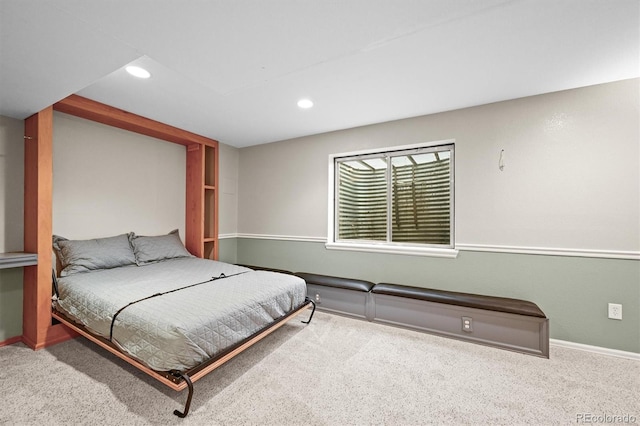 carpeted bedroom with recessed lighting and baseboards