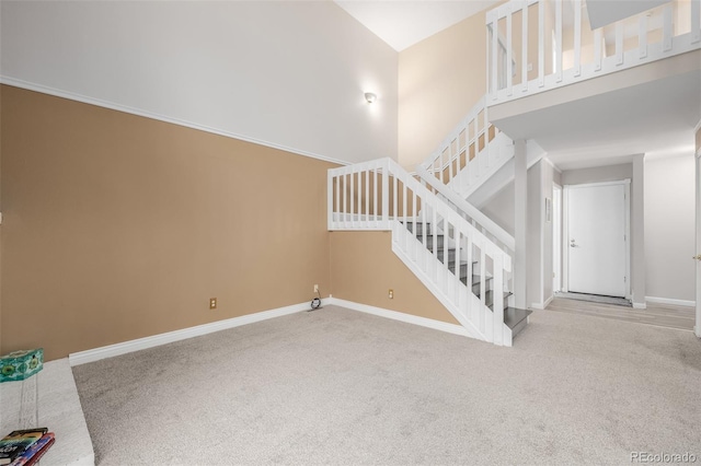 interior space with carpet and a high ceiling