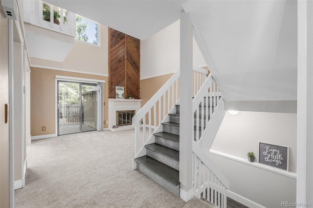 stairs with a high ceiling and carpet flooring