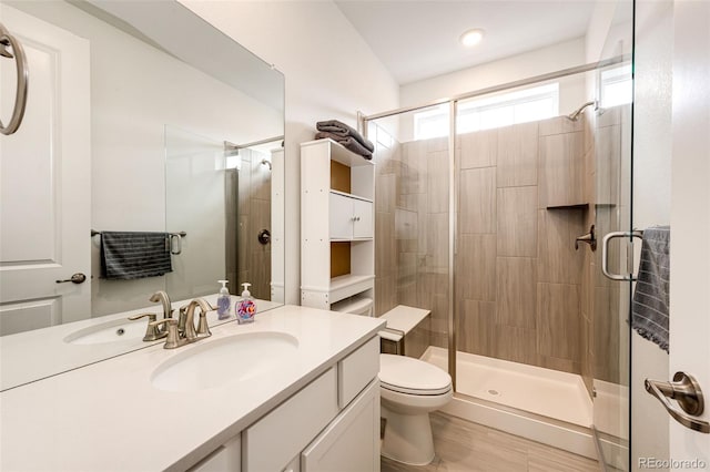 bathroom with vanity, toilet, and walk in shower