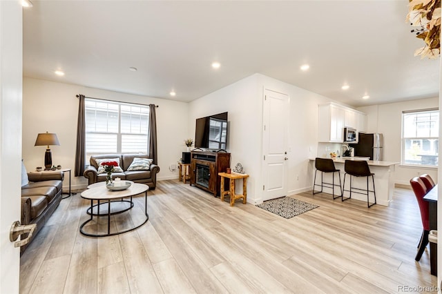 living room featuring light hardwood / wood-style floors, a wealth of natural light, and sink