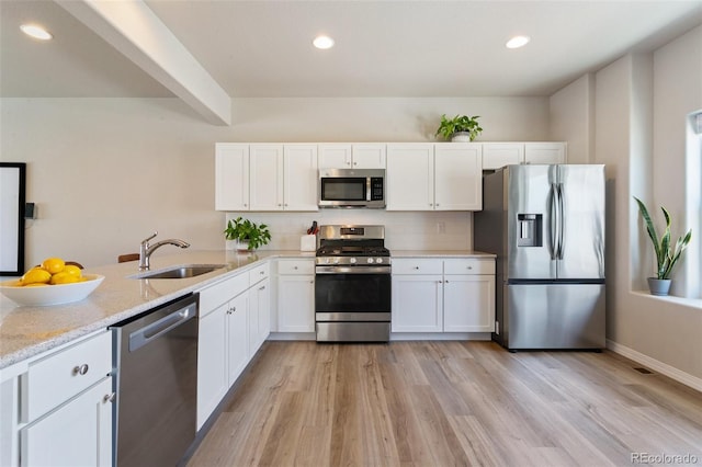 7407 Rufous Fronted Vw, Colorado Springs, CO 80923 - kitchen with appliances with stainless steel finishes, white cabinetry, decorative backsplash, light wood-style floors, and recessed lighting