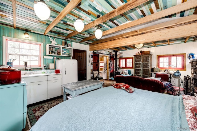 12346 Bear Haven Rd, Conifer, CO 80433 - bedroom with a barn door, multiple windows, and fridge