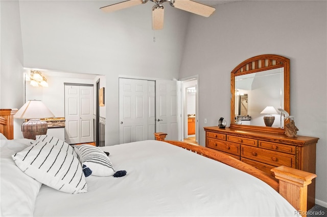 943 S Fairplay St, Aurora, CO 80012 - bedroom featuring high vaulted ceiling, multiple closets, and ceiling fan