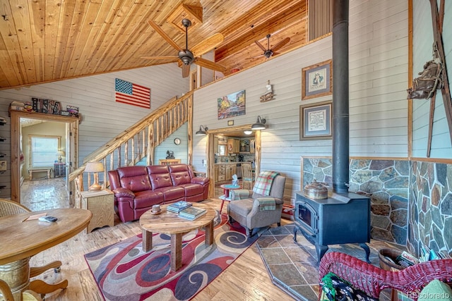 10199 W Cheyenne Cir, Salida, CO 81201 - living area with a wood stove, ceiling fan, wood finished floors, wooden walls, and wooden ceiling