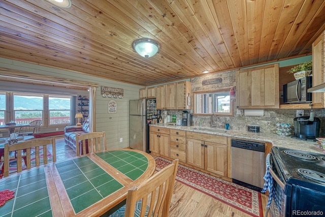 10199 W Cheyenne Cir, Salida, CO 81201 - kitchen featuring stainless steel appliances, a sink, wooden ceiling, light brown cabinetry, and light wood finished floors