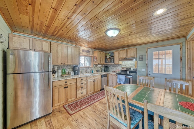 10199 W Cheyenne Cir, Salida, CO 81201 - kitchen featuring stainless steel appliances, a sink, wood ceiling, backsplash, and light wood-type flooring