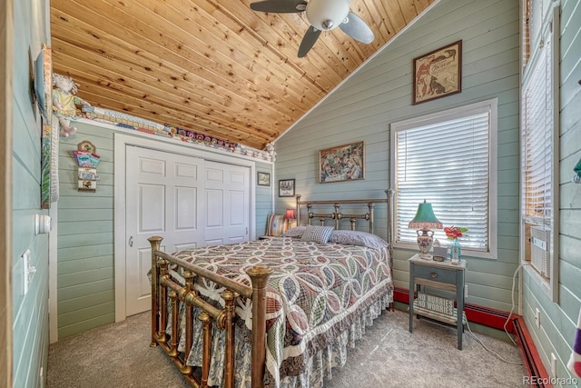 10199 W Cheyenne Cir, Salida, CO 81201 - bedroom featuring lofted ceiling, carpet, wood walls, wood ceiling, and a closet