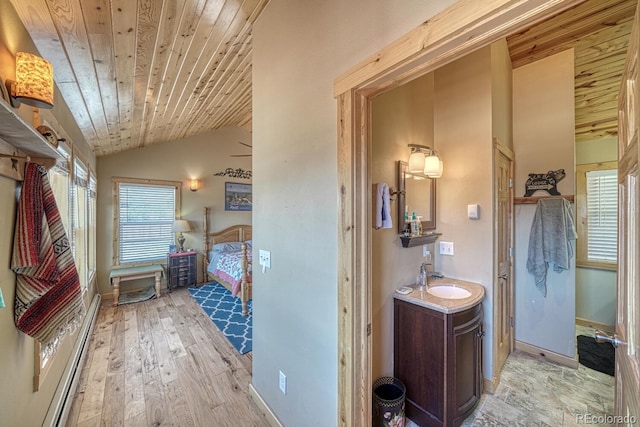 10199 W Cheyenne Cir, Salida, CO 81201 - bathroom with wooden ceiling, vanity, healthy amount of natural light, hardwood / wood-style flooring, and lofted ceiling