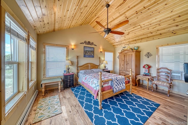 10199 W Cheyenne Cir, Salida, CO 81201 - bedroom featuring vaulted ceiling, multiple windows, a baseboard heating unit, light wood-style flooring, and wood ceiling