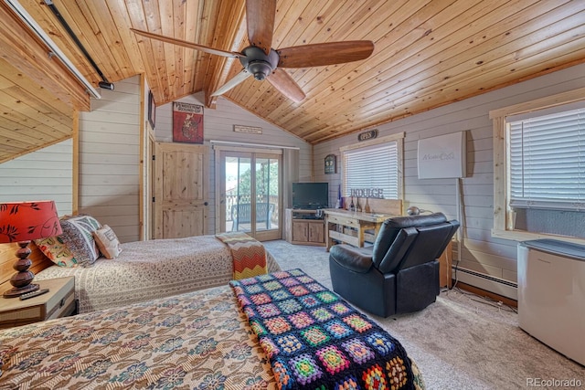 10199 W Cheyenne Cir, Salida, CO 81201 - bedroom featuring wood walls, wood ceiling, access to exterior, a baseboard heating unit, and carpet