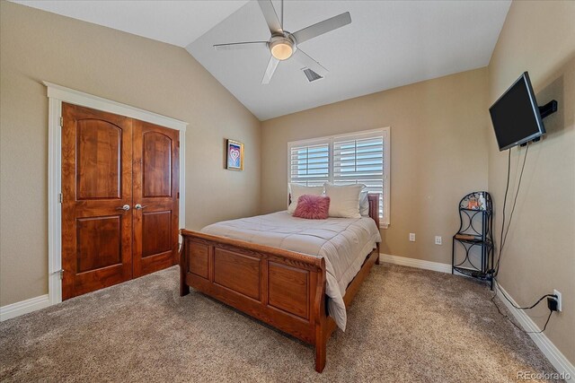 8655 E 130th Ave, Thornton, CO 80602 - bedroom with lofted ceiling, light carpet, baseboards, and a ceiling fan