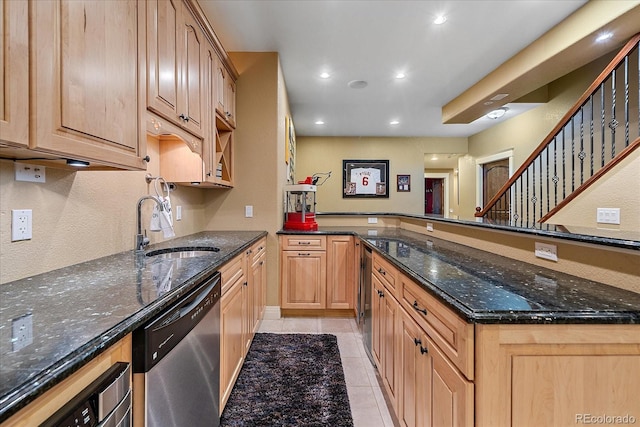 8655 E 130th Ave, Thornton, CO 80602 - kitchen featuring dishwasher, a sink, recessed lighting, light tile patterned floors, and dark stone counters