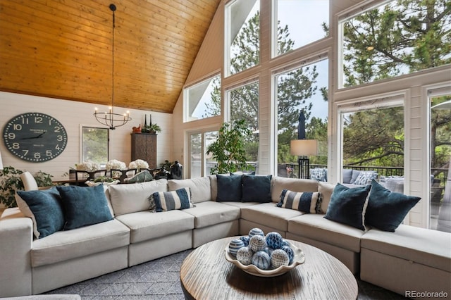 7312 Marshall Rd, Larkspur, CO 80118 - living room with high vaulted ceiling, a chandelier, and wood ceiling