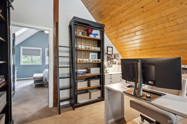 7312 Marshall Rd, Larkspur, CO 80118 - home office featuring vaulted ceiling, light colored carpet, and wooden ceiling