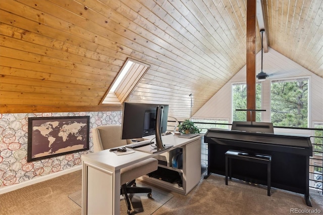 7312 Marshall Rd, Larkspur, CO 80118 - carpeted home office with wood ceiling and a skylight