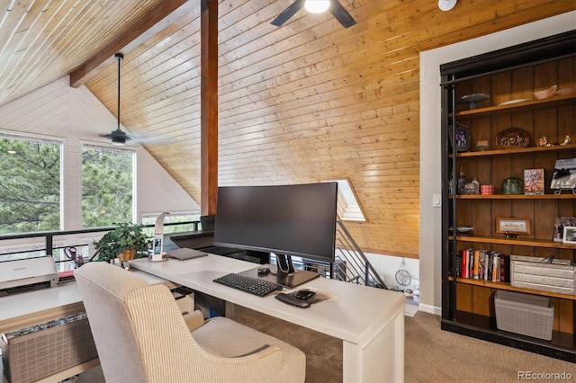 7312 Marshall Rd, Larkspur, CO 80118 - office with a ceiling fan, wooden walls, and carpet flooring