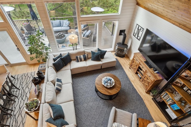 7312 Marshall Rd, Larkspur, CO 80118 - living room featuring wood finished floors and a wood stove