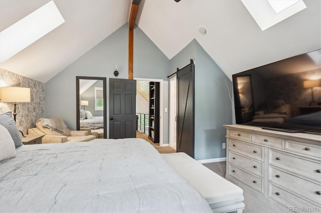 7312 Marshall Rd, Larkspur, CO 80118 - carpeted bedroom with a skylight and a barn door