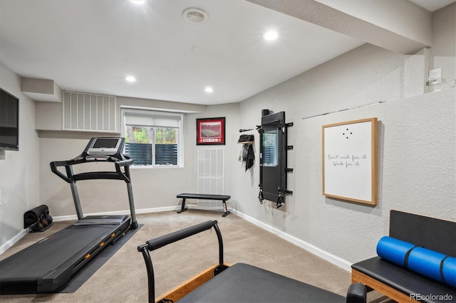 7312 Marshall Rd, Larkspur, CO 80118 - exercise area featuring carpet, recessed lighting, and a textured wall