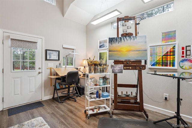 7312 Marshall Rd, Larkspur, CO 80118 - office space featuring high vaulted ceiling and wood finished floors