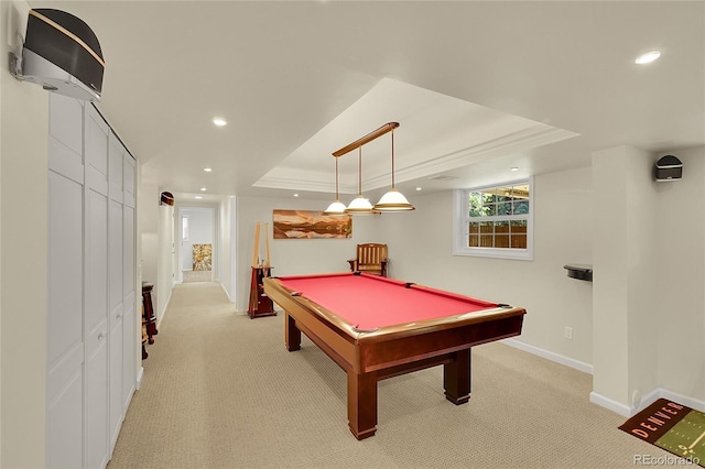 recreation room with a tray ceiling, light carpet, recessed lighting, baseboards, and billiards table