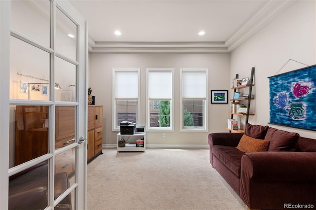 652 Ulster Way, Denver, CO 80230 - living area with light carpet, baseboards, and recessed lighting