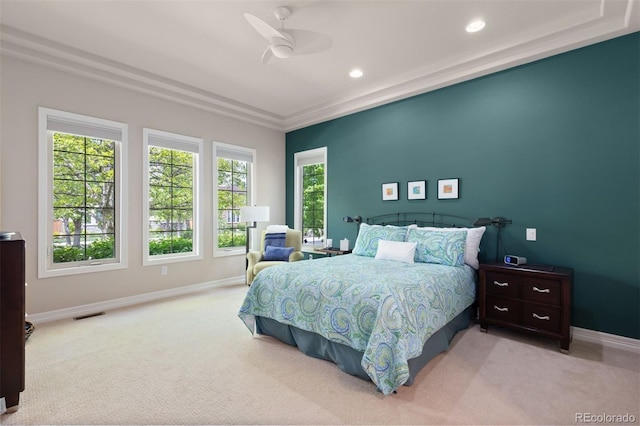 652 Ulster Way, Denver, CO 80230 - bedroom with light carpet, baseboards, recessed lighting, and ceiling fan