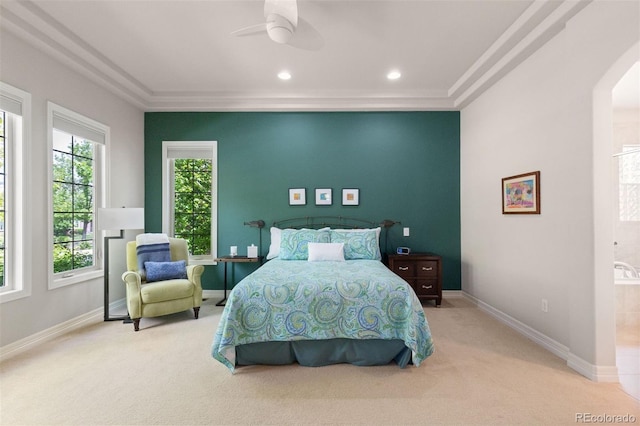 652 Ulster Way, Denver, CO 80230 - bedroom with carpet floors, baseboards, crown molding, a ceiling fan, and recessed lighting
