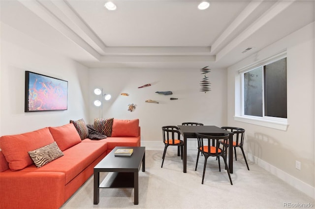 652 Ulster Way, Denver, CO 80230 - living area with a raised ceiling, light carpet, recessed lighting, and baseboards