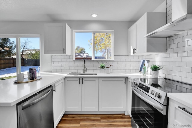 kitchen featuring plenty of natural light, white cabinetry, wall chimney range hood, and stainless steel appliances