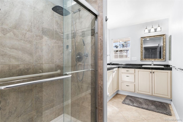 full bathroom with vanity, a shower stall, and tile patterned flooring