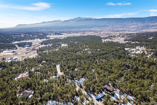 bird's eye view with a wooded view and a mountain view