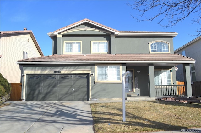 traditional-style house featuring stucco siding, driveway, covered porch, an attached garage, and a tiled roof