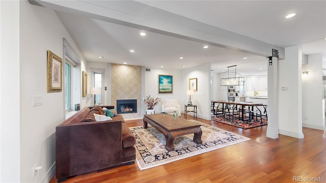 living room with a healthy amount of sunlight, baseboards, wood finished floors, and a fireplace