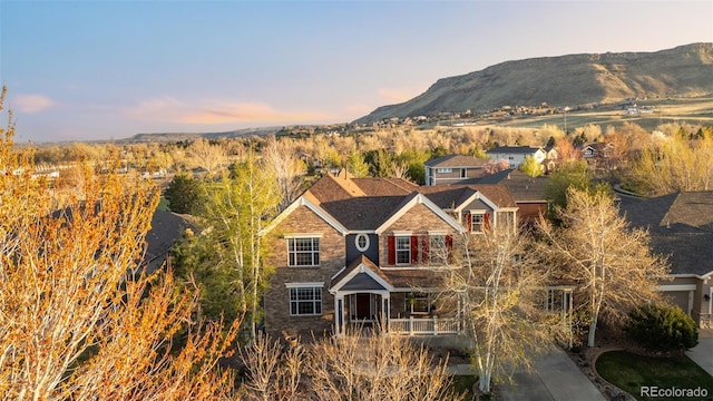 view of front of house with a mountain view and stone siding