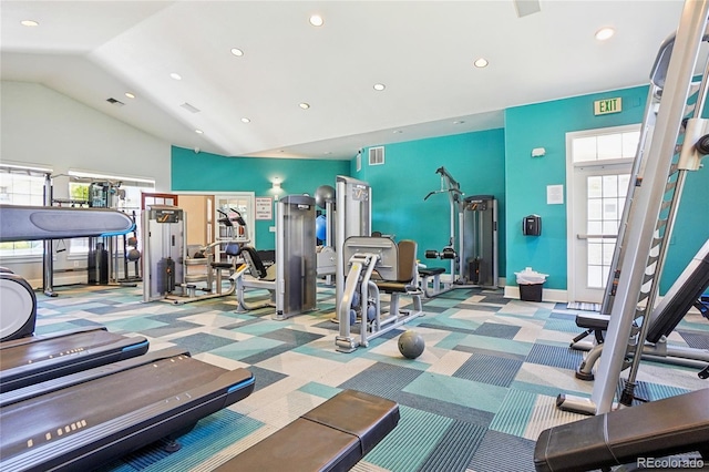 17442 Nature Walk Trl Unit 107, Parker, CO 80134 - workout area featuring carpet, recessed lighting, and lofted ceiling