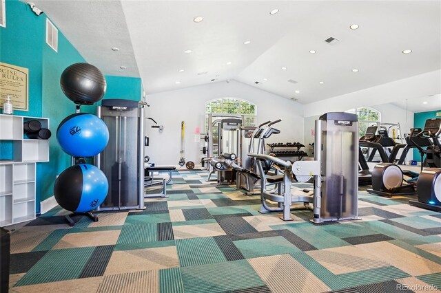 17442 Nature Walk Trl Unit 107, Parker, CO 80134 - workout area featuring carpet flooring, lofted ceiling, and recessed lighting