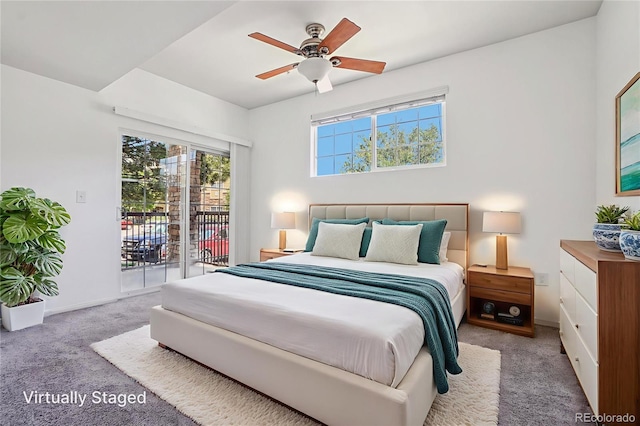 17442 Nature Walk Trl Unit 107, Parker, CO 80134 - bedroom featuring access to exterior, carpet flooring, and ceiling fan