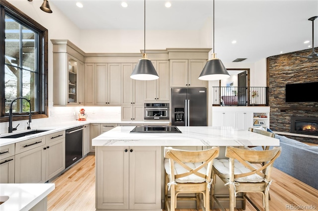 kitchen featuring a wealth of natural light, appliances with stainless steel finishes, a sink, and light wood-style flooring