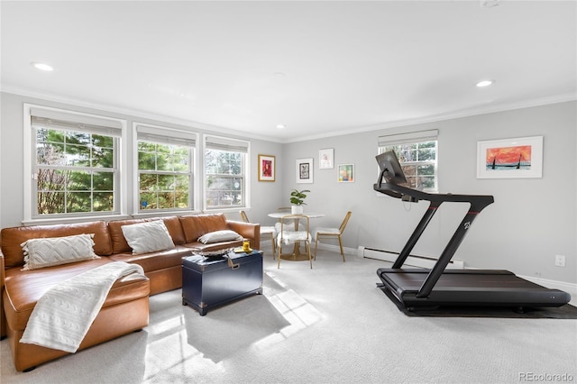 exercise area featuring a baseboard heating unit, light colored carpet, recessed lighting, and ornamental molding